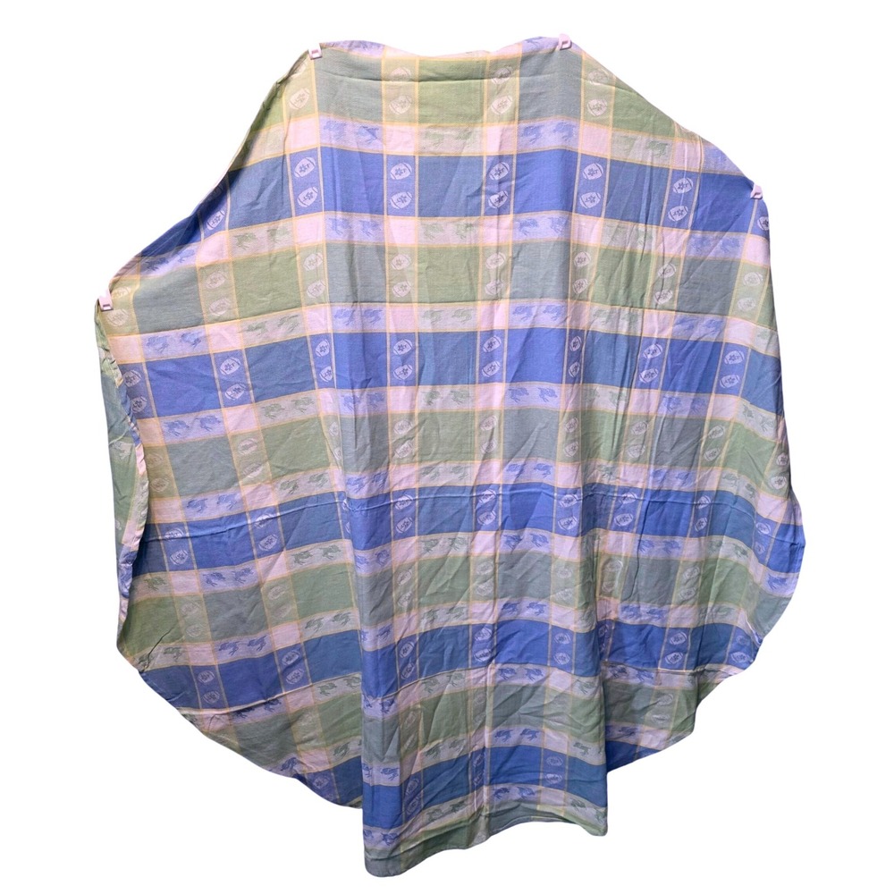 Vtg Easter Round Tablecloth 59" Bunny Egg Plaid Check Woven Blue Grn Yllw Pastel